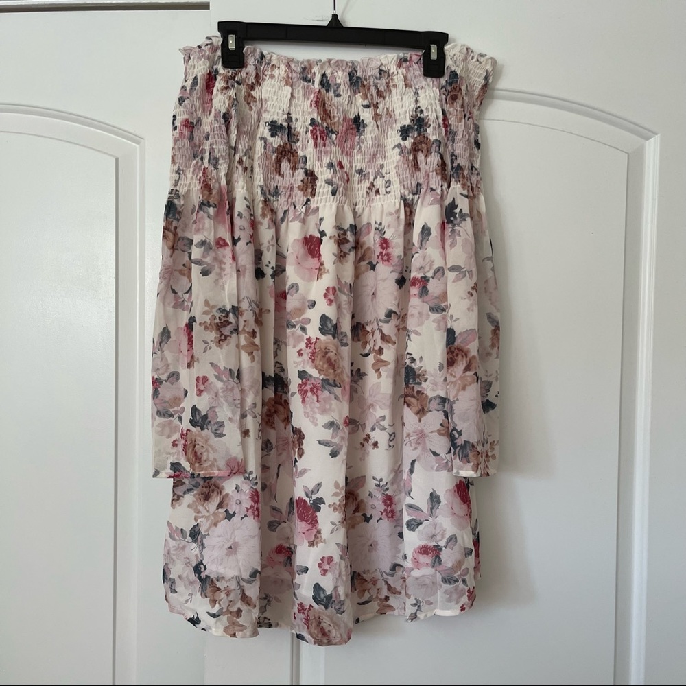 Floral Print Off Shoulder Trumpet Sleeve Swing Dress